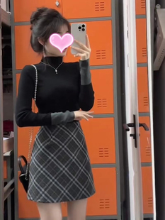 秋季 女 盐系轻熟赫本风高级感御姐辣妹半高领黑色上衣裙子两件套装