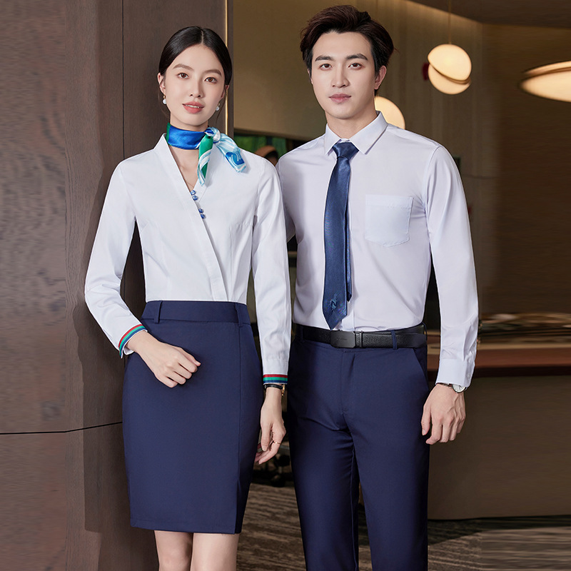 白色V领衬衫2025春秋珠宝店酒店餐饮前台工装男女同款职业白衬衣