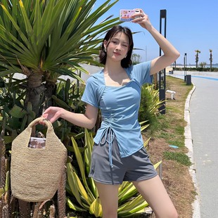 泡温泉海边度假游泳衣 胖mm分体泳衣女遮肚显瘦大码 2025新款 短袖