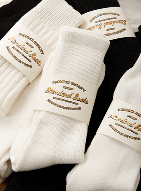 KRIME 黑色/白色全棉罗纹拼接毛圈重磅厚棉袜阿美咔叽粗线长袜子