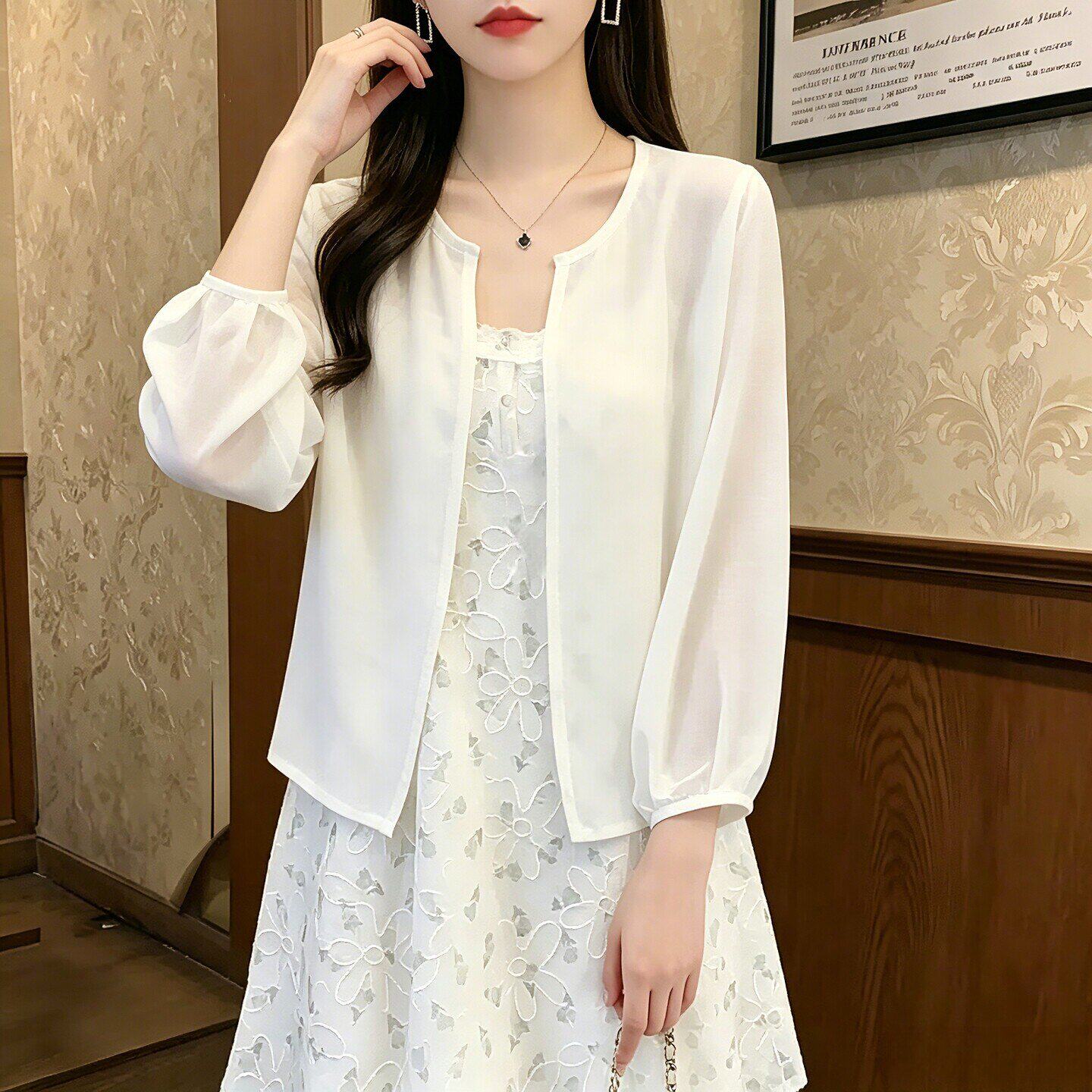 白色雪纺长袖开衫女夏季薄款外套外搭小披肩罩衫配吊带裙子防晒衣
