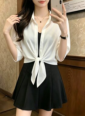 白色雪纺开衫女夏季坎肩薄款防晒罩衫短款小披肩上衣配吊带裙外搭