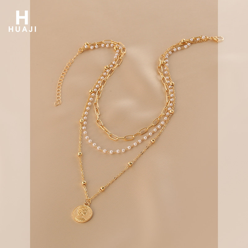 花迹小珍珠项链2026新款爆款多层叠戴锁骨链女高级感复古吊坠颈链