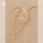 花迹小珍珠项链2026新款 多层叠戴锁骨链女高级感复古吊坠颈链 爆款