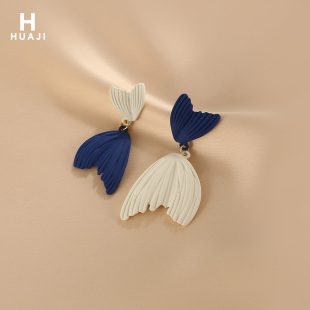 花迹蓝白色耳环女独特高级感夸张大耳坠2026年新款 气质磨砂耳钉潮