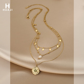 花迹复古Vintage珍珠项链女小众设计钛钢锁骨链三层叠戴流苏颈链