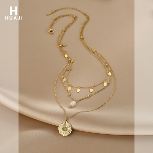 花迹复古Vintage珍珠项链女小众设计钛钢锁骨链三层叠戴流苏颈链