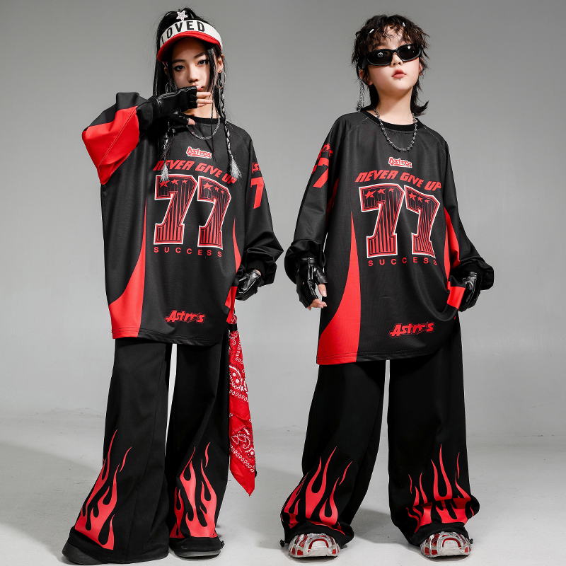 儿童街舞潮服男童嘻哈黑红火苗