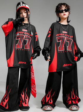 儿童街舞潮服男童嘻哈黑红火苗