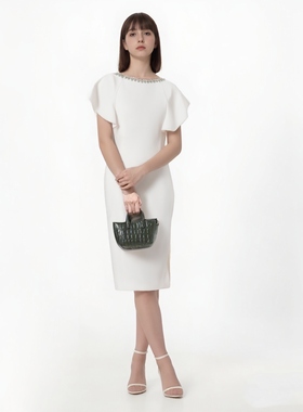 珂蒂夏季三醋酸钉珠领口荷叶边袖子修身裙子连衣裙RF06089V0