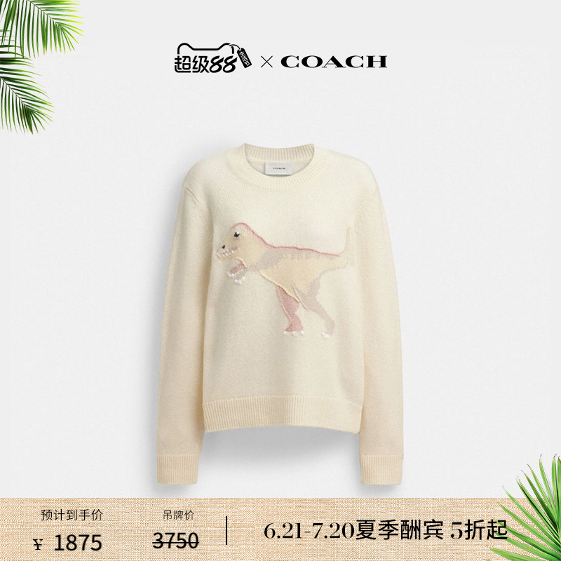 【新品】COACH/蔻驰女士REXY图案圆领毛衣含羊毛上衣舒适柔软白色