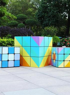 玻璃钢几何魔方雕塑幼儿园游戏城影院电竞彩色三角积木装饰品摆件