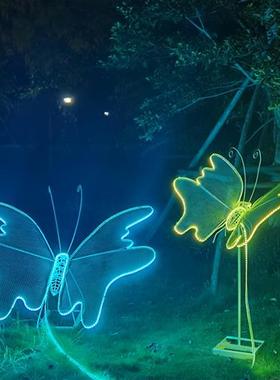 户外铁艺动物蝴蝶雕塑兔子摆件不锈钢镂空鹿发光蜻蜓蚂蚁装饰定制