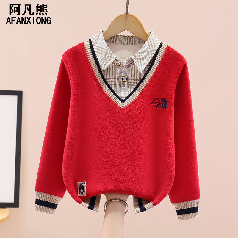 男童衬衫领假两件毛衣加厚一体绒2025新款儿童加绒卫衣打底衫上衣,童装/婴儿装/亲子装,毛衣/针织衫,淘宝优惠券,粉丝福利购,淘宝优惠卷