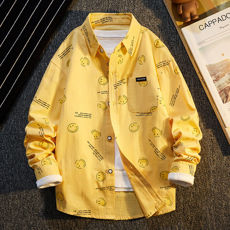 男童纯棉长袖薄款衬衫2025秋装新款春秋款儿童印花衬衣潮