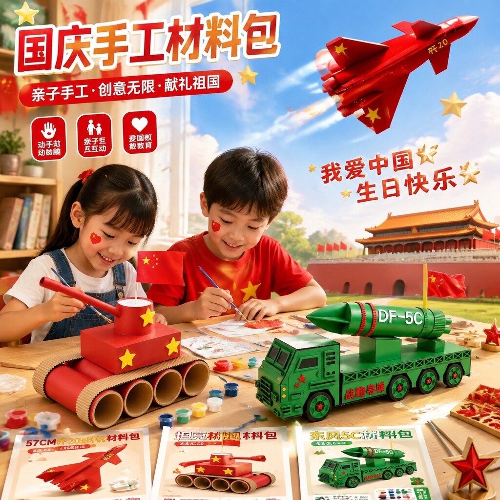 国庆节爱国主题东风5C幼儿园儿童手工diy材料包坦克歼20玩具模型图片
