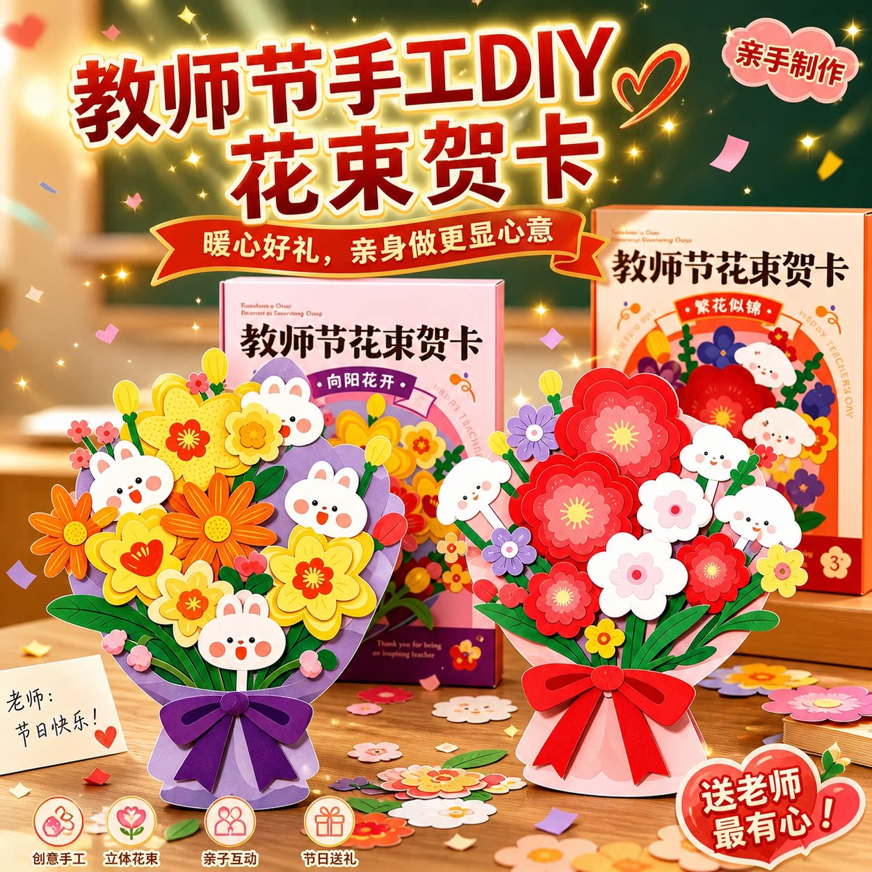 2026年新款教师节礼物手工diy花束送女老师生日贺卡创意摆件3D立体贴纸女礼物永生花儿童玩具幼儿园开学文具