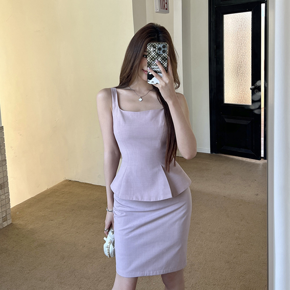 夏装新款收腰小鱼尾背心上衣女修身包臀半裙短裙两件套装