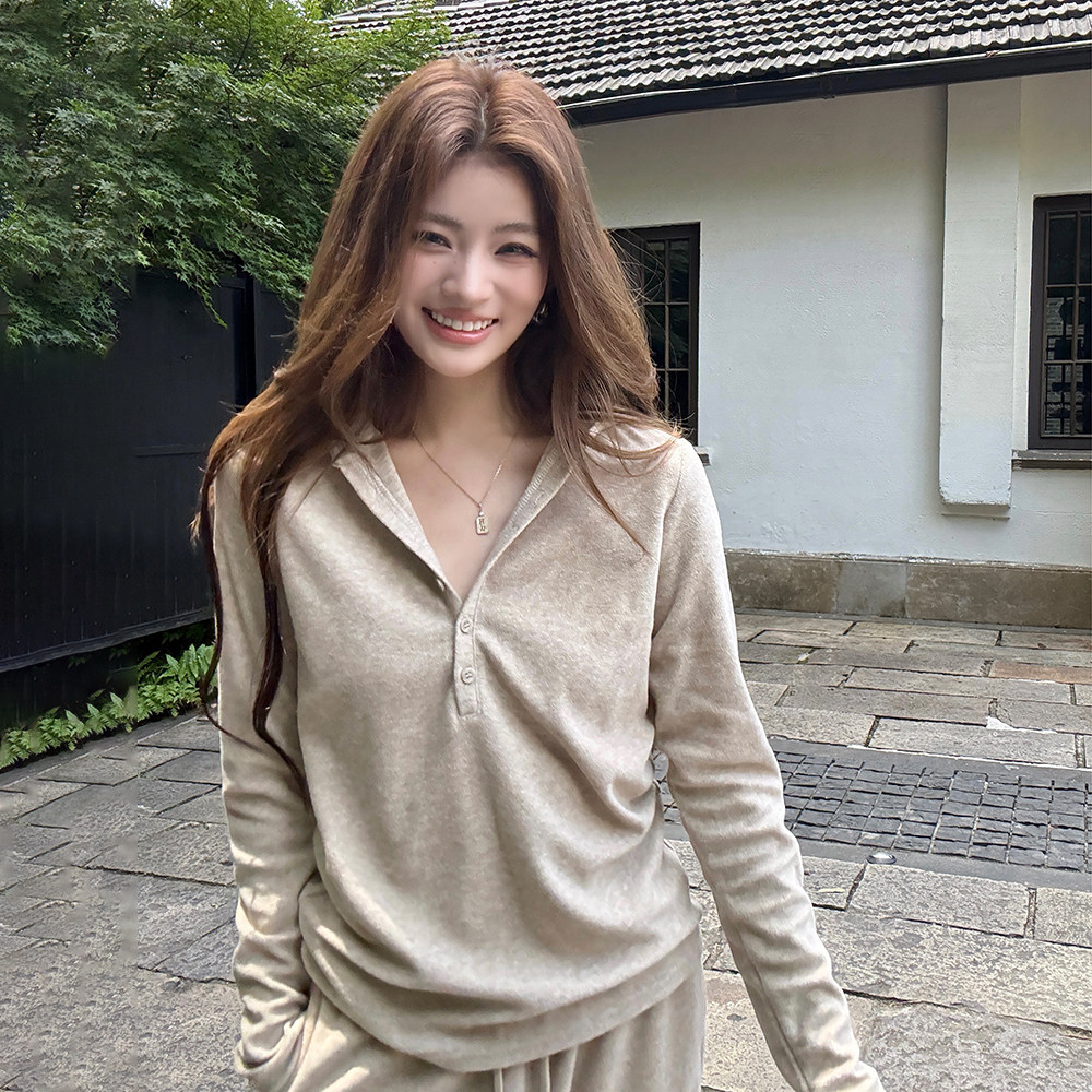 秋季新款毛巾短绒连帽卫衣套装女抽绳高腰直筒裤子两件套