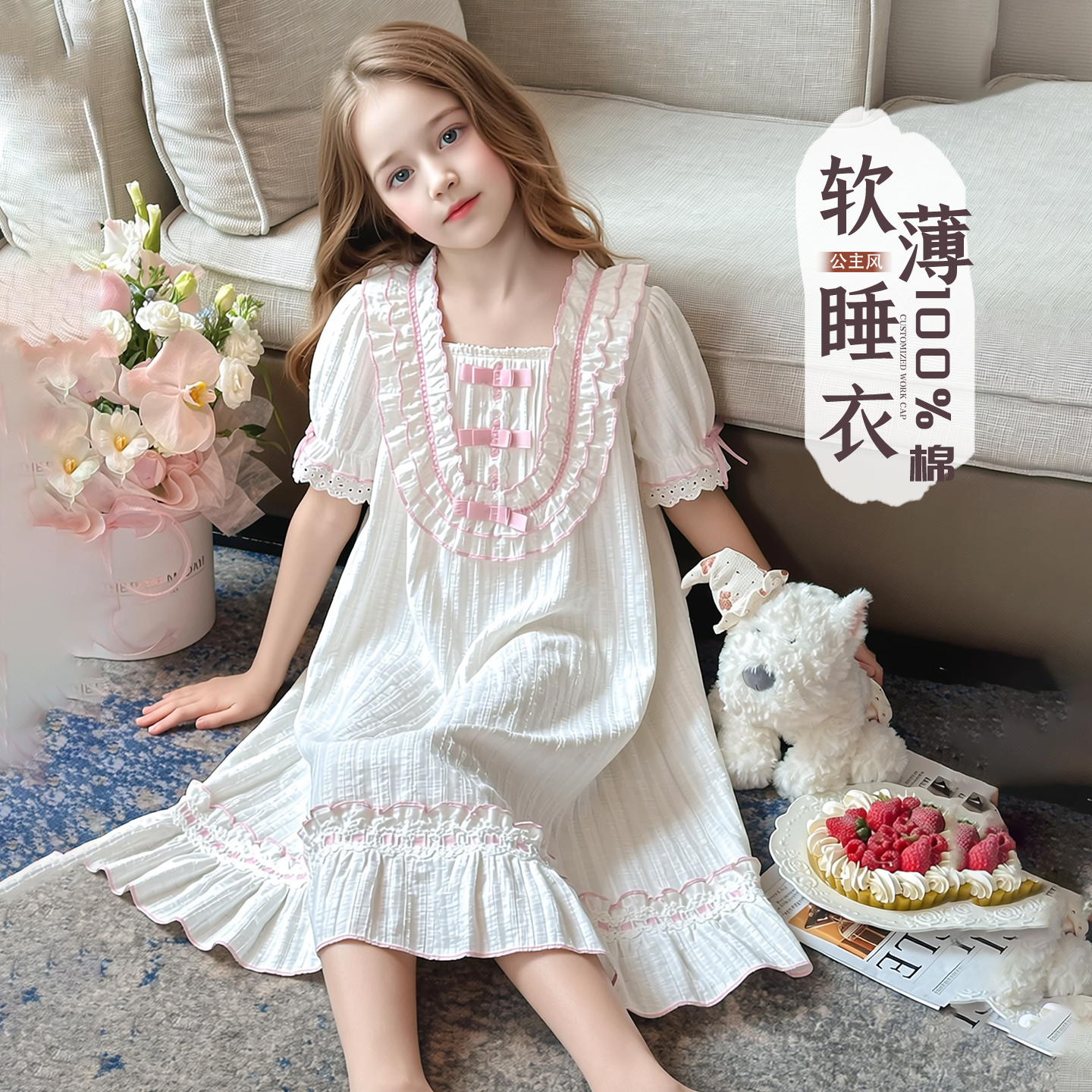 女童甜美公主风方领泡泡袖荷叶边睡裙儿童蝴蝶结花边家居服连衣裙