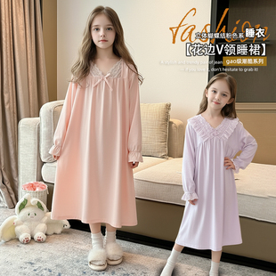 长款 睡衣大童家居服女孩秋季 儿童睡裙纯棉 儿童长袖 女童睡裙春秋款
