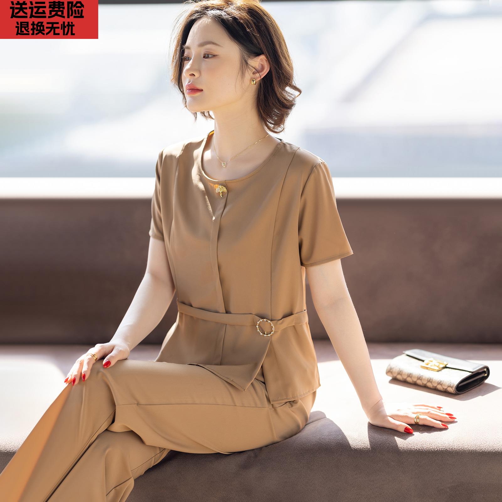 妈妈夏装套装2025新款短袖雪纺洋气质时尚小衫中老年女士t恤衣服