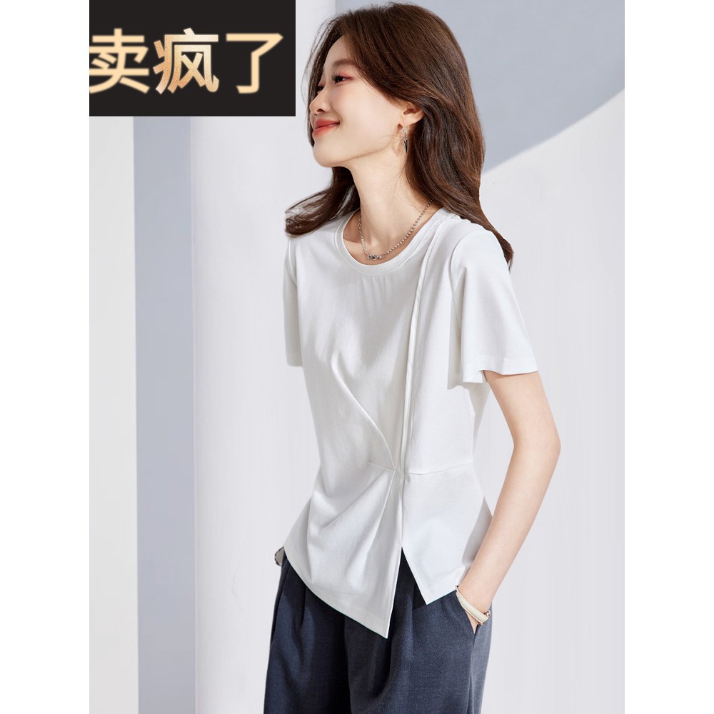 2025夏日新款经典圆领短袖白色T恤设计感开叉小众显瘦基础上衣女