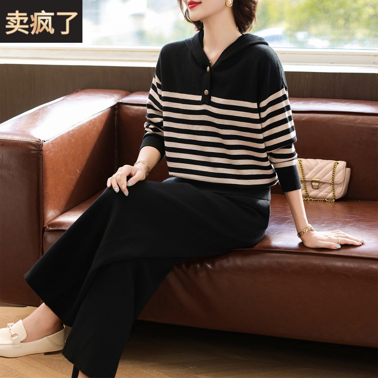 妈妈休闲针织长袖上衣中年女装春秋装新款卫衣中老年洋气运动套装