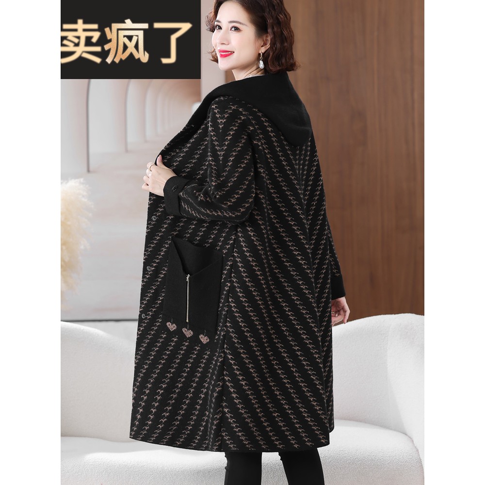 中老年毛呢厚外套女妈妈秋冬装连帽中长款风衣贵夫人加肥大码大衣