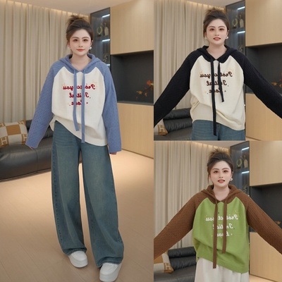 【胖佳佳】深秋物语 撞色连帽毛衣2025秋季新款设计感百搭针织衫