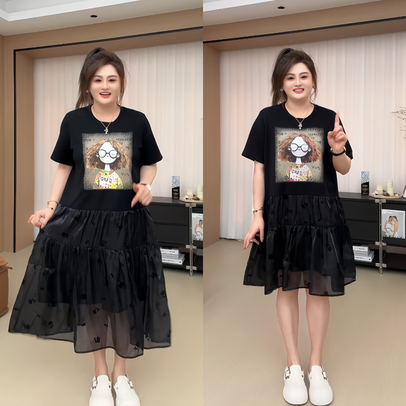 【胖佳佳】宅女大作战蕾丝钩花短袖T恤拼接假两件连衣裙