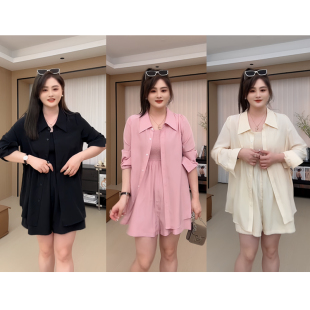 薄款 长袖 衬衫 春夏时尚 0感空气 吊带短裤 两件套 胖佳佳