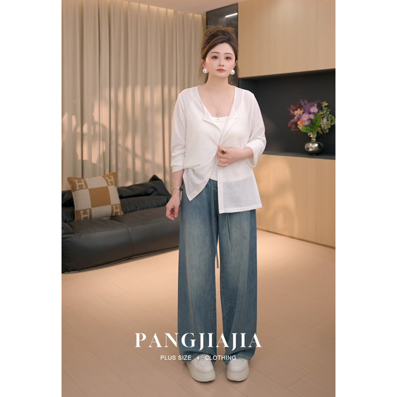 【胖佳佳】胖mm大码女装瀑布牛仔裤夏季薄款宽松松紧腰直筒长裤