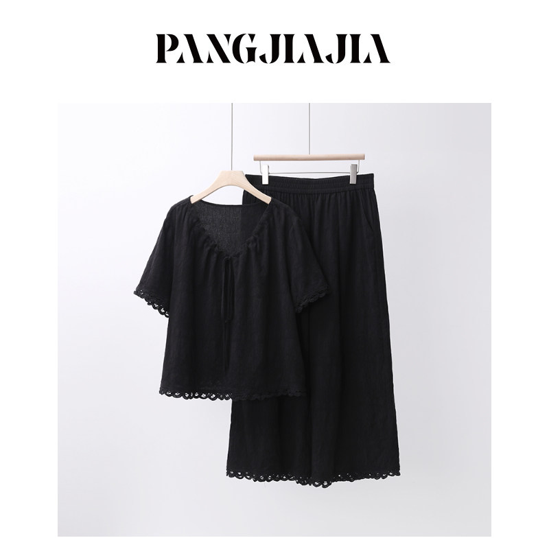 【胖佳佳】胖mm大码女装黑松露套装夏季纯棉短袖衬衫休闲裤两件套