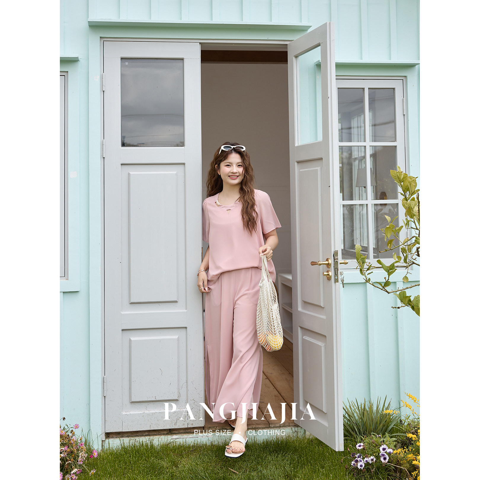 【胖佳佳】胖mm大码女装清凉套装气质夏季雪纺衫上衣休闲裤两件套