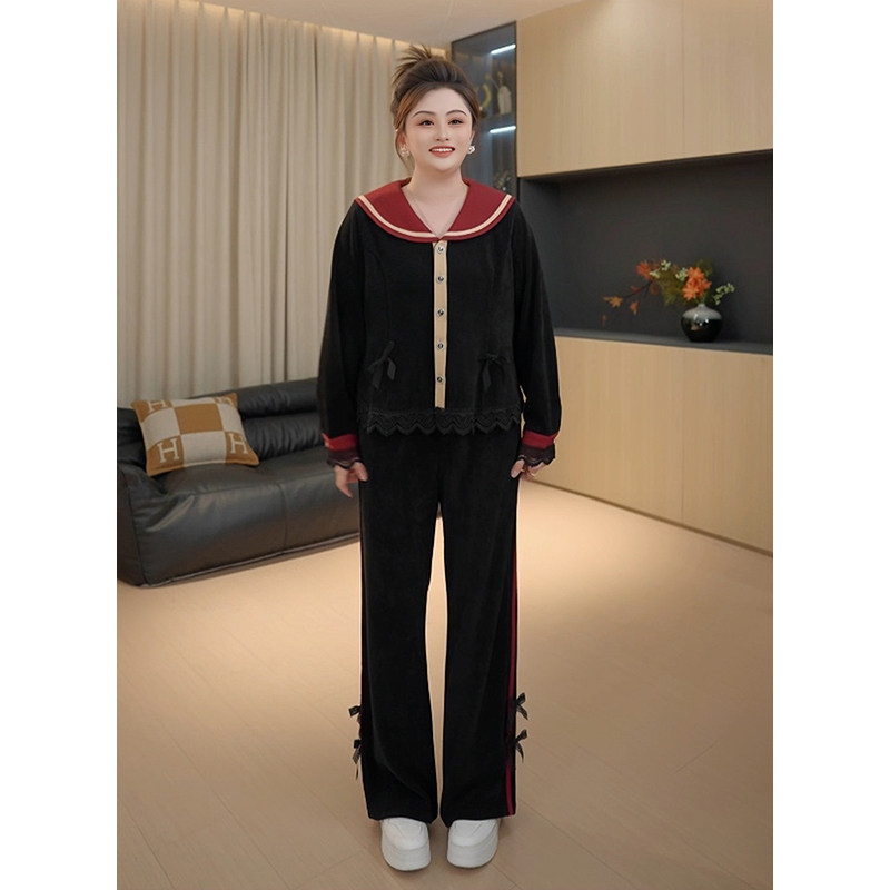 【胖佳佳】摩羯座 秋季新款气质撞色蕾丝拼接外套休闲裤套装