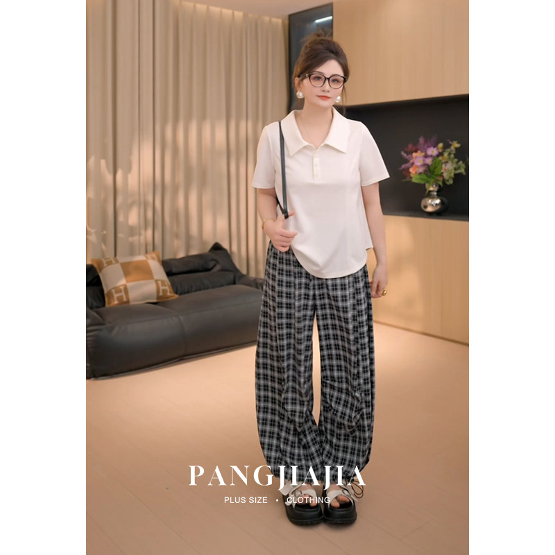 【胖佳佳】胖mm大码女装窄版格纹弯刀裤夏季甜美百搭松紧腰休闲裤
