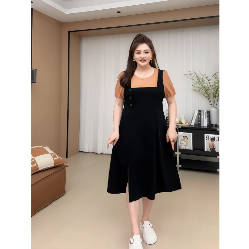 【胖佳佳】COCO小姐 假两件短袖连衣裙夏季显瘦中长裙H624Q06500