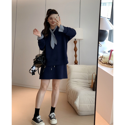 【胖佳佳】日杂少女 假两件格纹拼接卫衣半身裙两件套H624Z14538