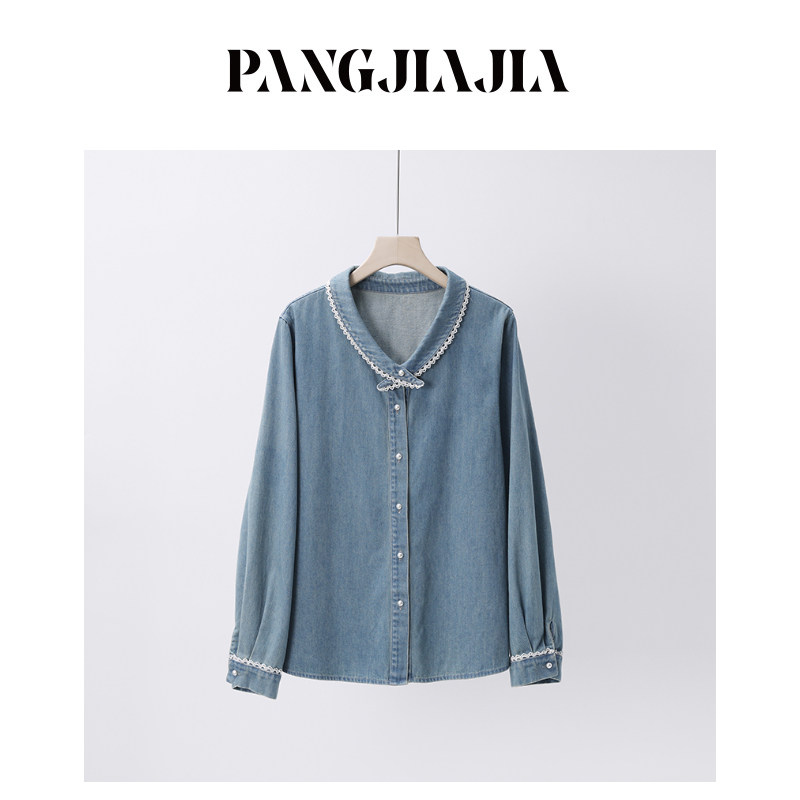【胖佳佳】胖妹妹mm大码女装日系少女牛仔衬衫设计感小众春季衬衣