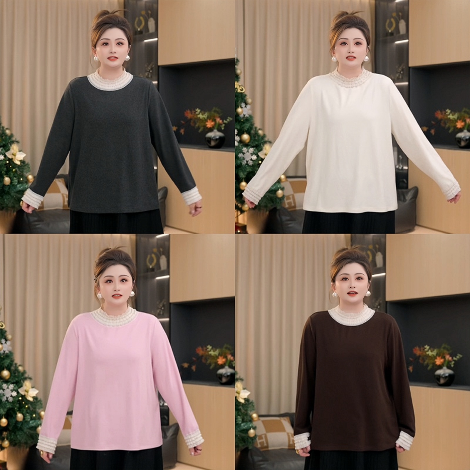 【胖佳佳】云朵T 蕾丝拼接半高领打底衫冬季新款时尚百搭上衣女