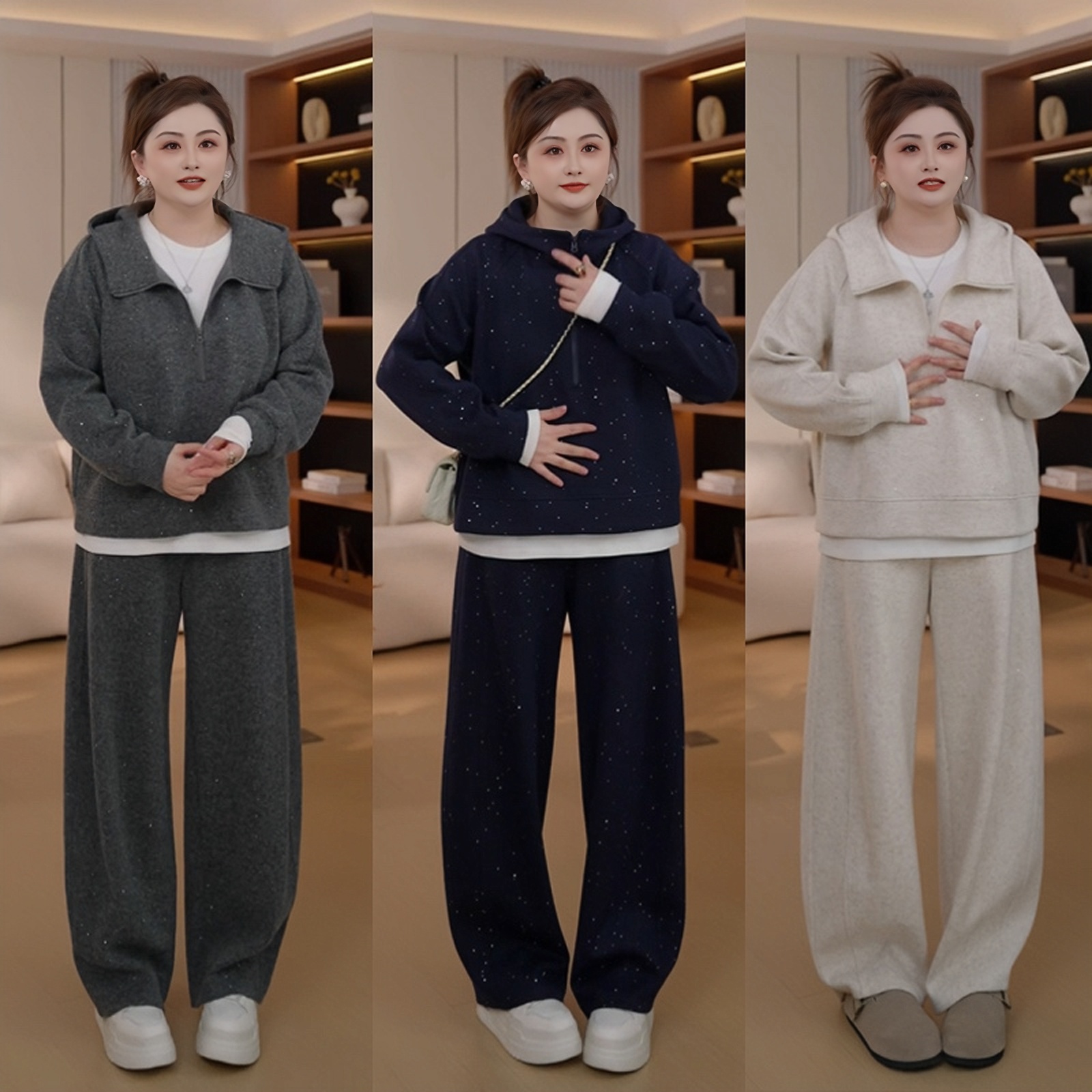 【胖佳佳】昨夜星辰 2025冬季新款加厚亮片连帽卫衣长裤套装女