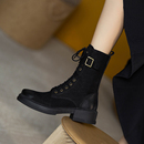 皮带扣骑士靴2025新款厚底马丁靴女潮英伦风系带加绒机车靴短靴女