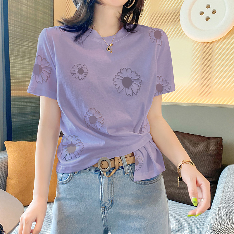 3紫色印花短袖T恤女短款不规则宽松显瘦打底上衣2021新款夏季欧货