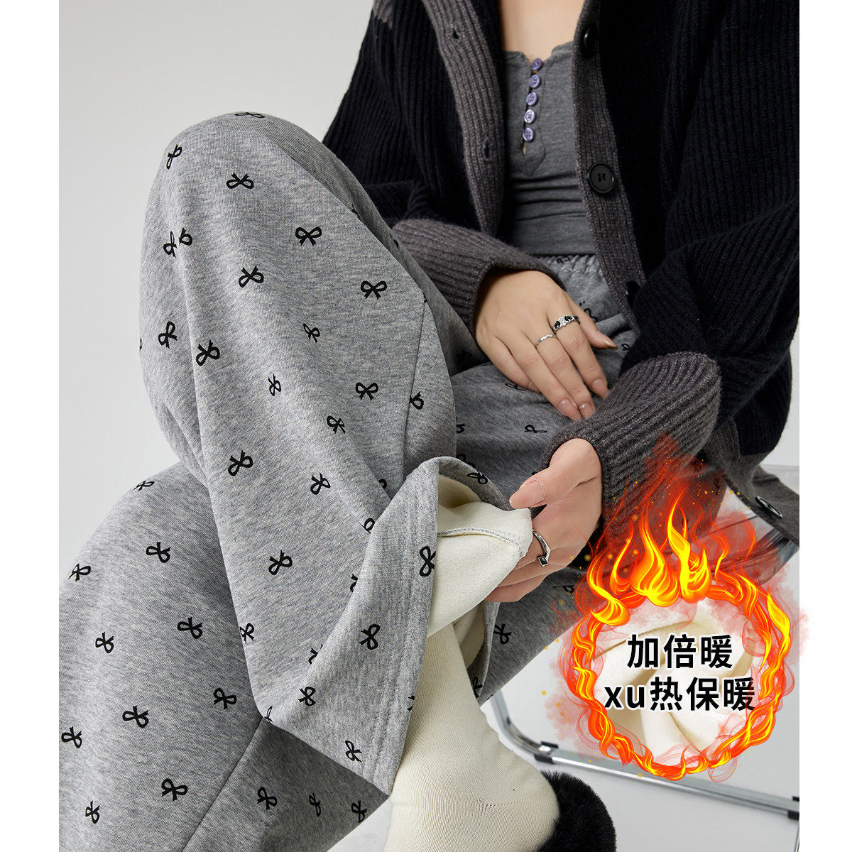 加绒加厚运动裤女秋冬新款高腰宽松系带蝴蝶结直筒裤设计感阔腿裤