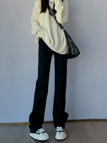 Черные осенние прямые свободные джинсы, штаны, приталенные длинные леггинсы, высокая талия, облегающий крой