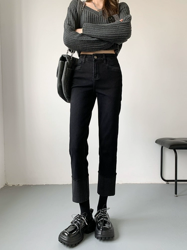 Черные приталенные прямые свободные джинсы, осенние штаны, высокая талия, по фигуре, подходит для подростков