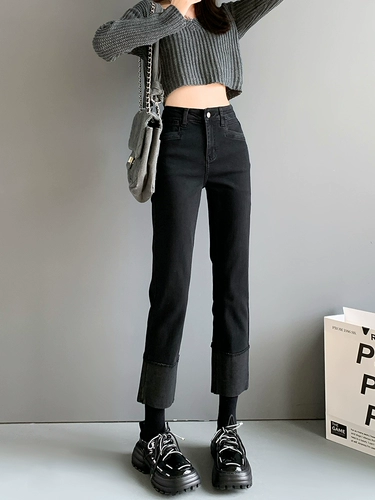 Черные приталенные прямые свободные джинсы, осенние штаны, высокая талия, по фигуре, подходит для подростков