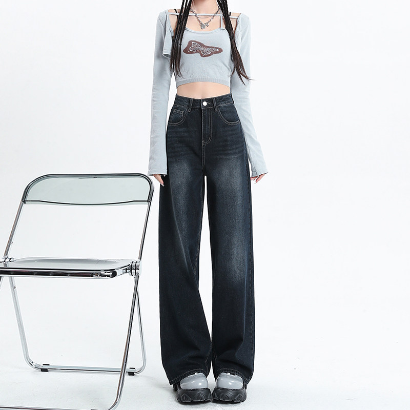 深蓝色阔腿高腰牛仔裤女2026夏季新款直筒宽松小个子显瘦拖地裤子