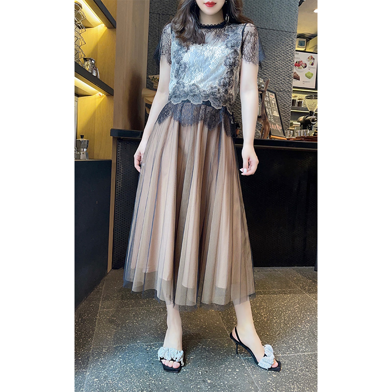 时尚套装蕾丝短袖衬衫半身裙两件套欧洲站2022春季女装新款欧货潮